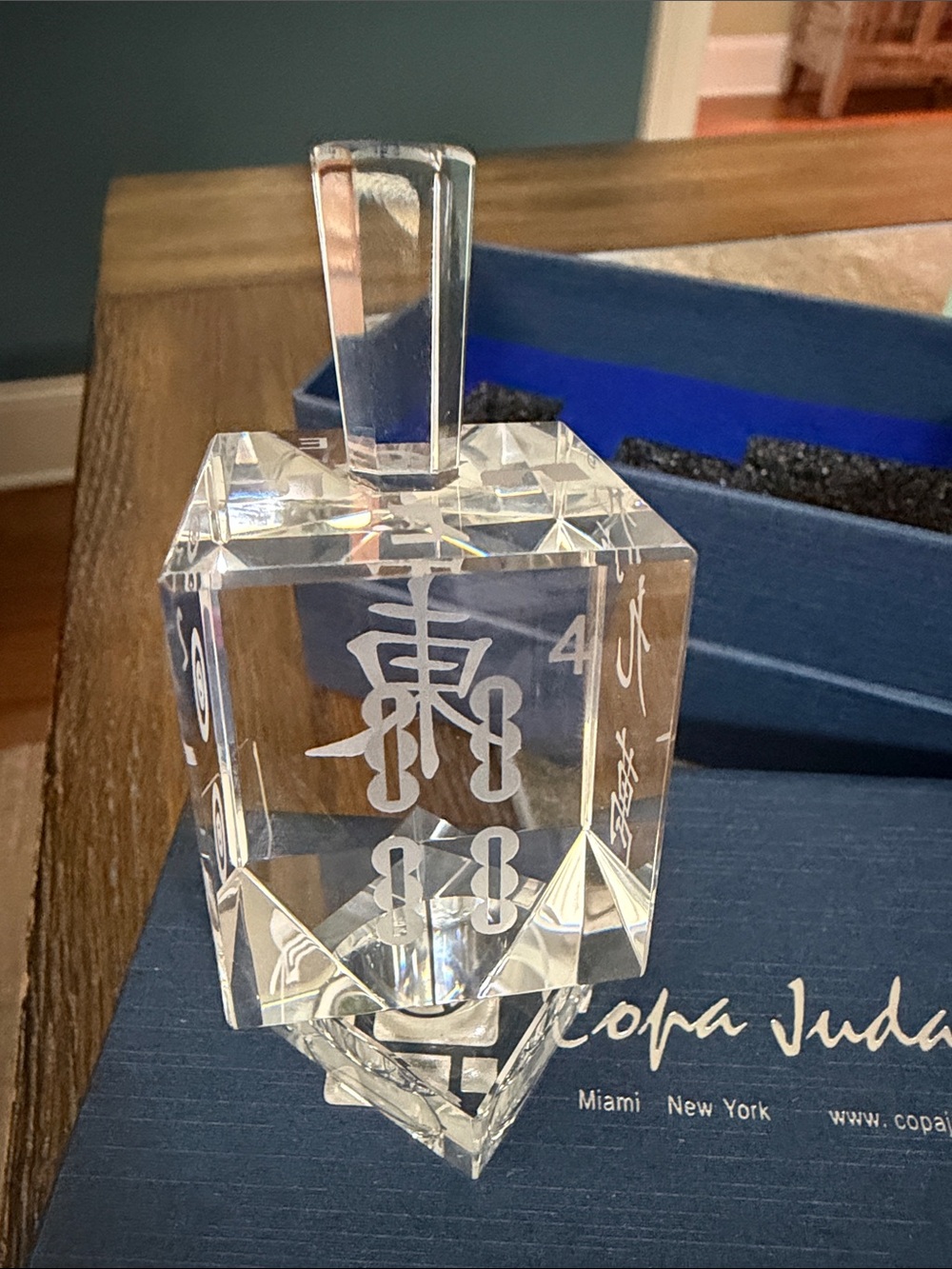 Crystal Mahjong Dreidel by Copa Judaica. 
Brand new in box. 4” high by 2” wide. - Picture 3 of 7
